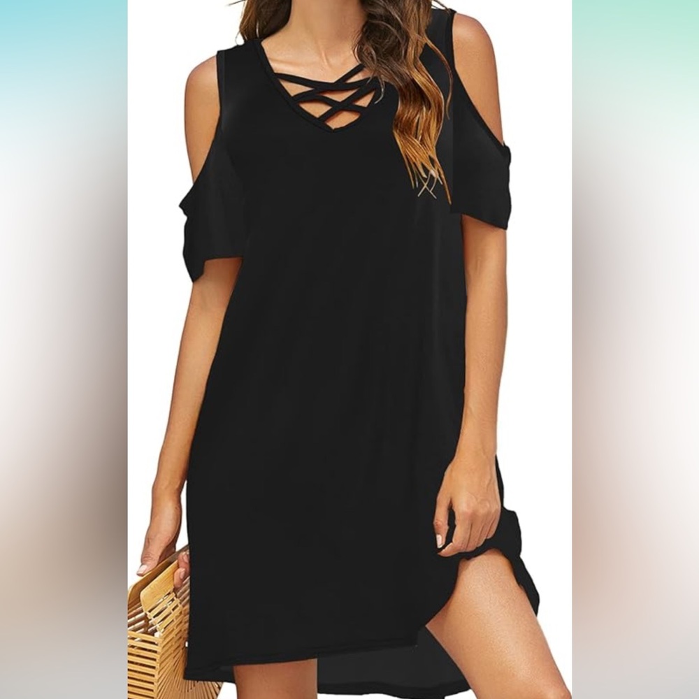 Bluetime Women Cold Shoulder Summer Dress Short Sleeve Beach Casual Loose Swing